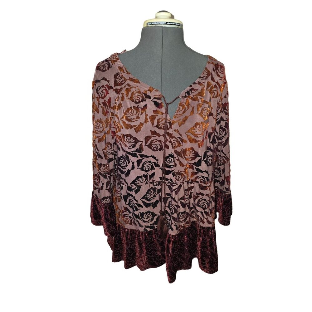 Rxb Womens Floral Boho Burnout‎ Velvet Top With Bell Sleeves & Tie Neck